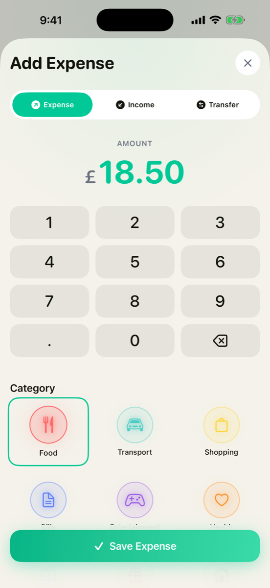 Adding an expense in Quidly with the built-in keypad and category grid