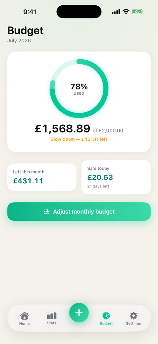 Quidly budget screen with a live ring showing 78% used and safe-to-spend