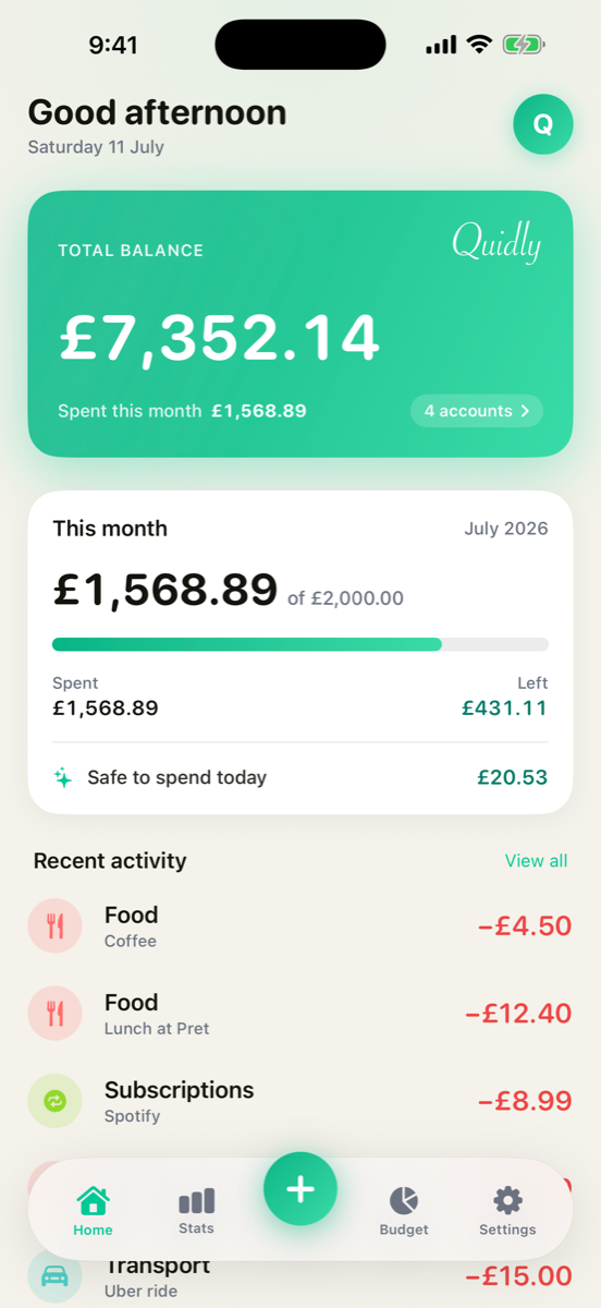 Quidly home screen showing total balance, this month's budget with safe-to-spend, and recent activity